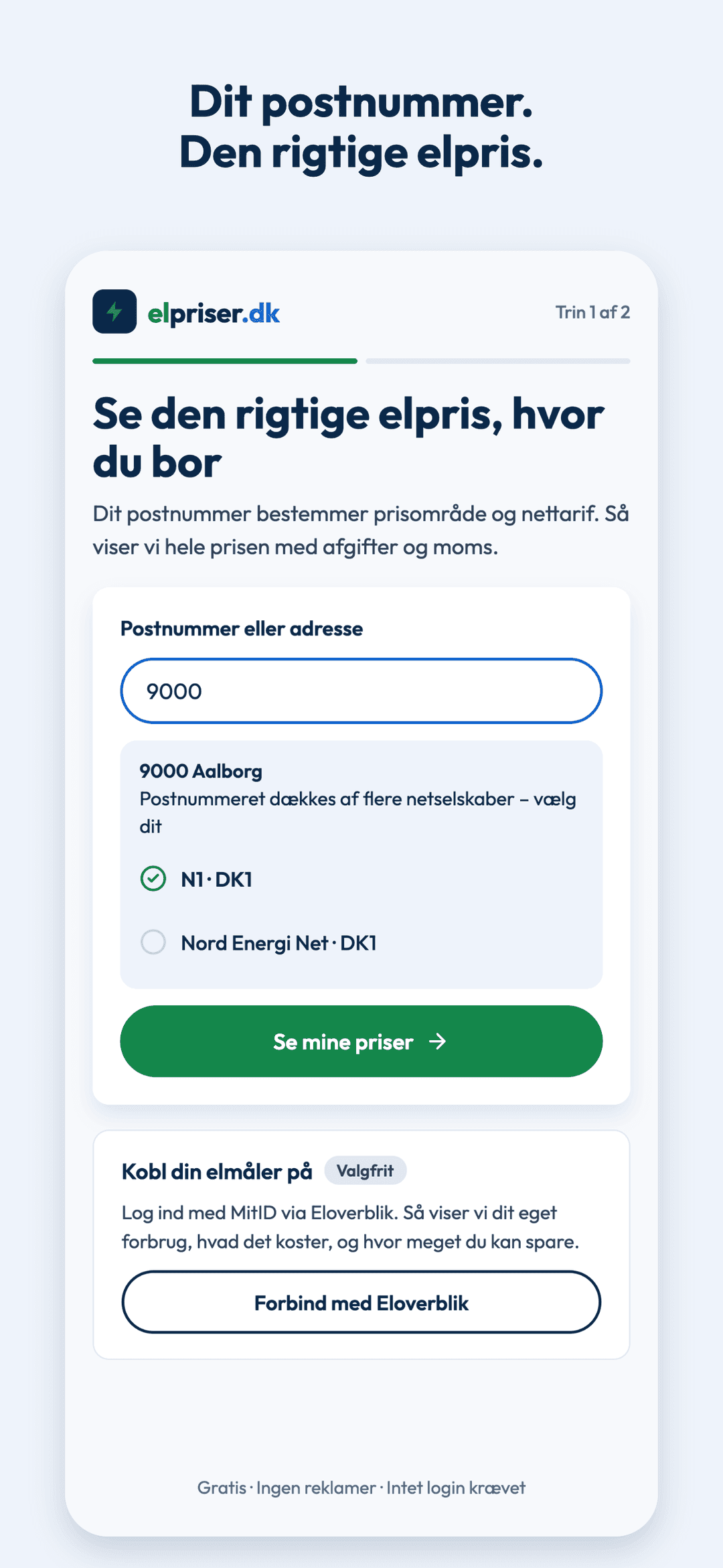 Skærmbillede af appens første skærm, hvor postnummeret indtastes